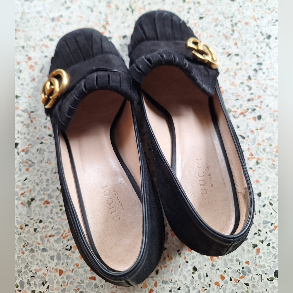 Gucci Marmont Suede Fringe GG Logo‎ Loafer Pumps - Picture 8 of 17